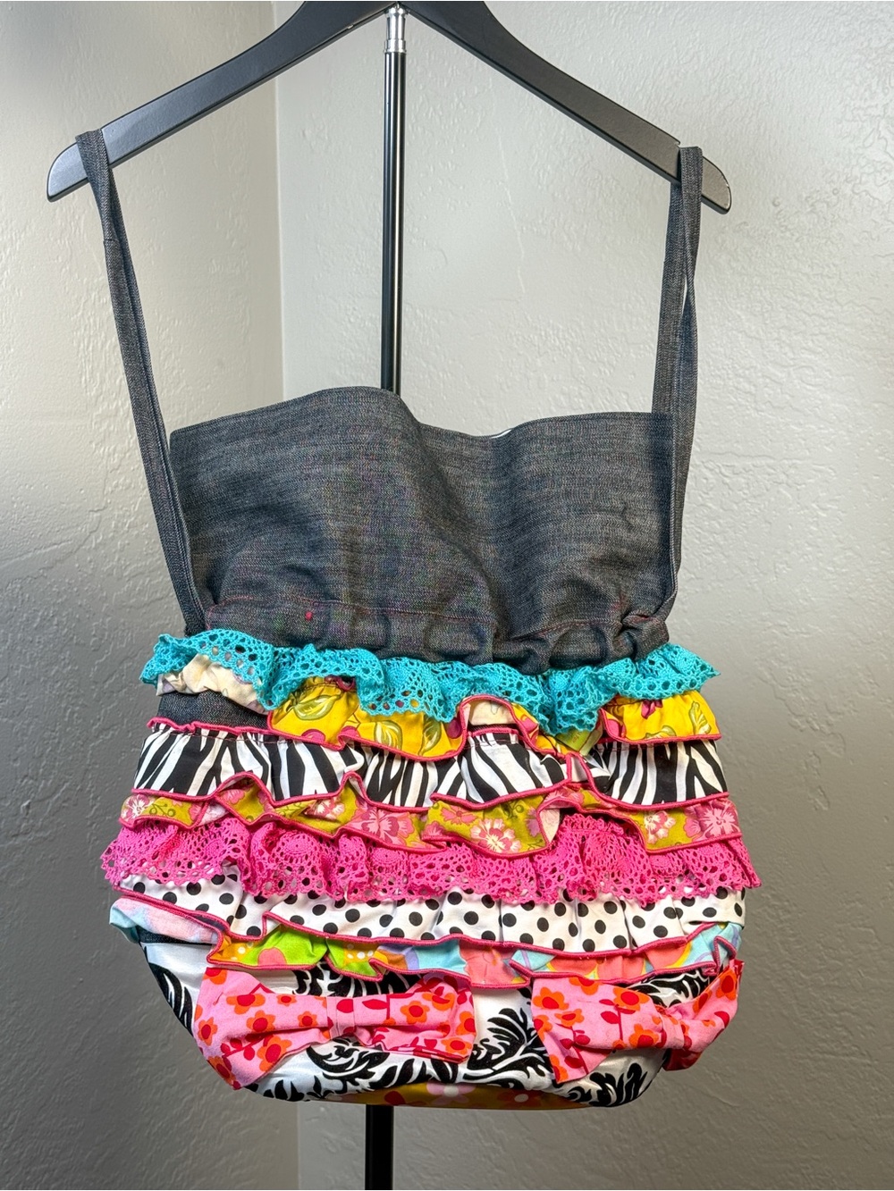 Handmade Boho Ruffle Patchwork Bag Bright Funky Prints Lace Trim Large Tote Bag
